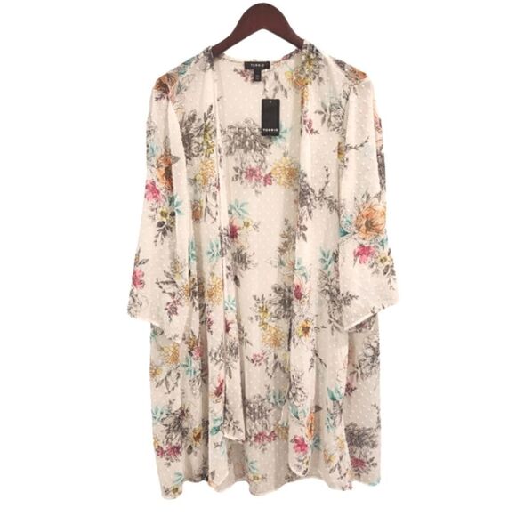 Torrid Women's White Floral Swiss Dot Hi-Low Kimono Size 1/2 - Picture 3 of 10